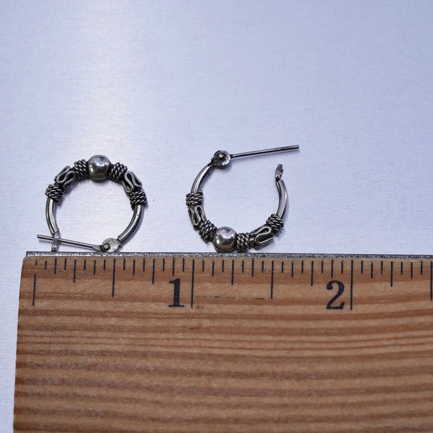 0.5”, vintage Sterling silver handmade earrings, 925 hoops bali beads