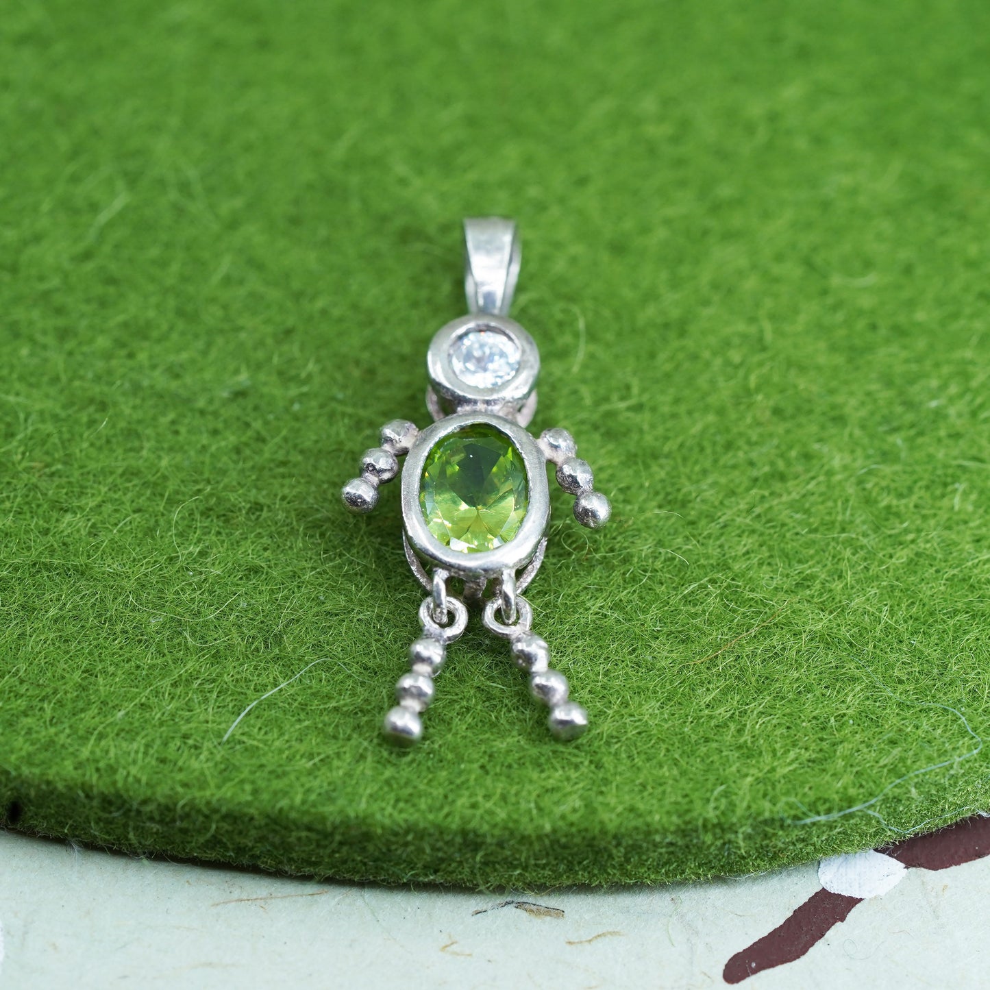 Vintage sterling 925 silver birthstone pendant boy figure charm with peridot