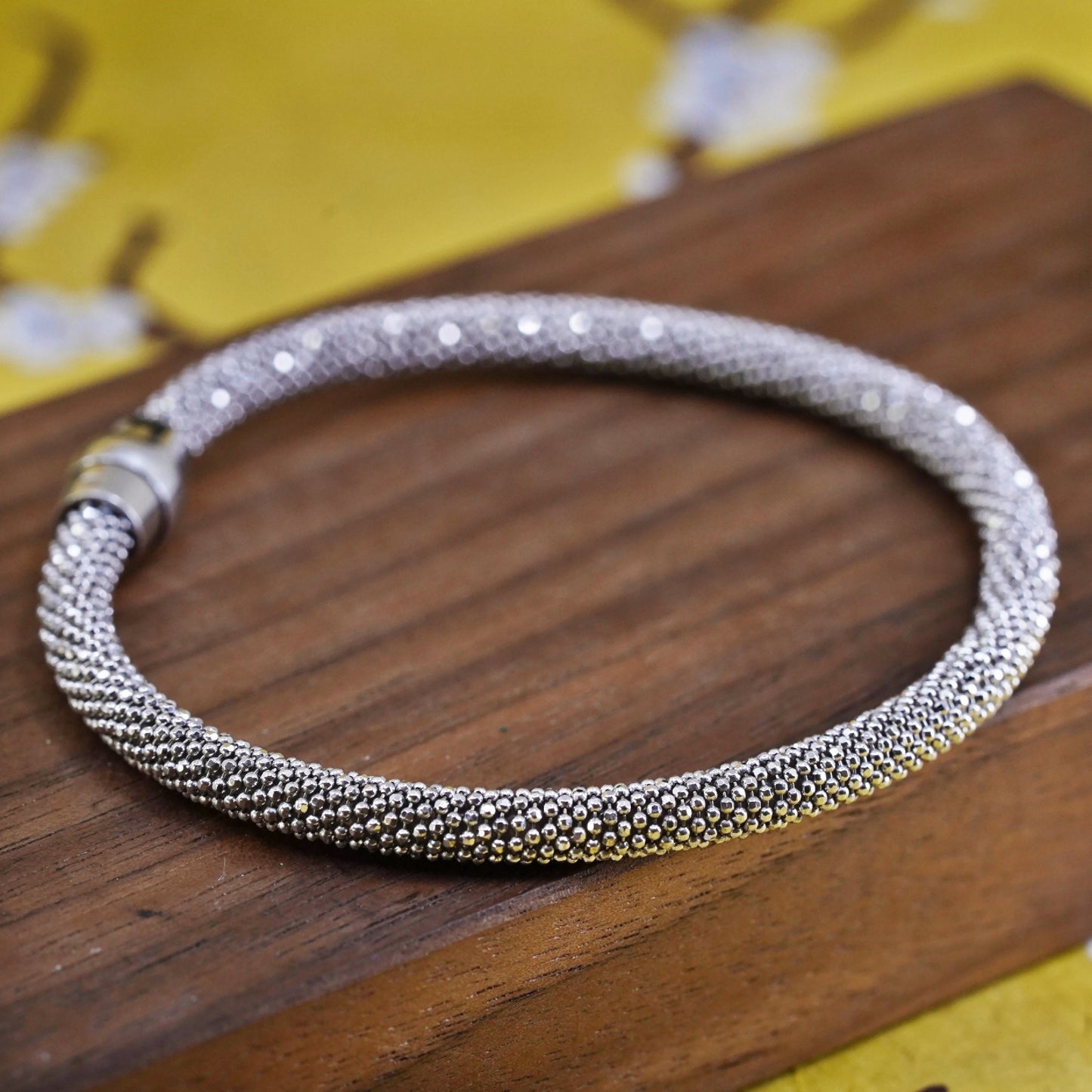7", Italian Sterling silver handmade bracelet, 925 bangle with textured beads
