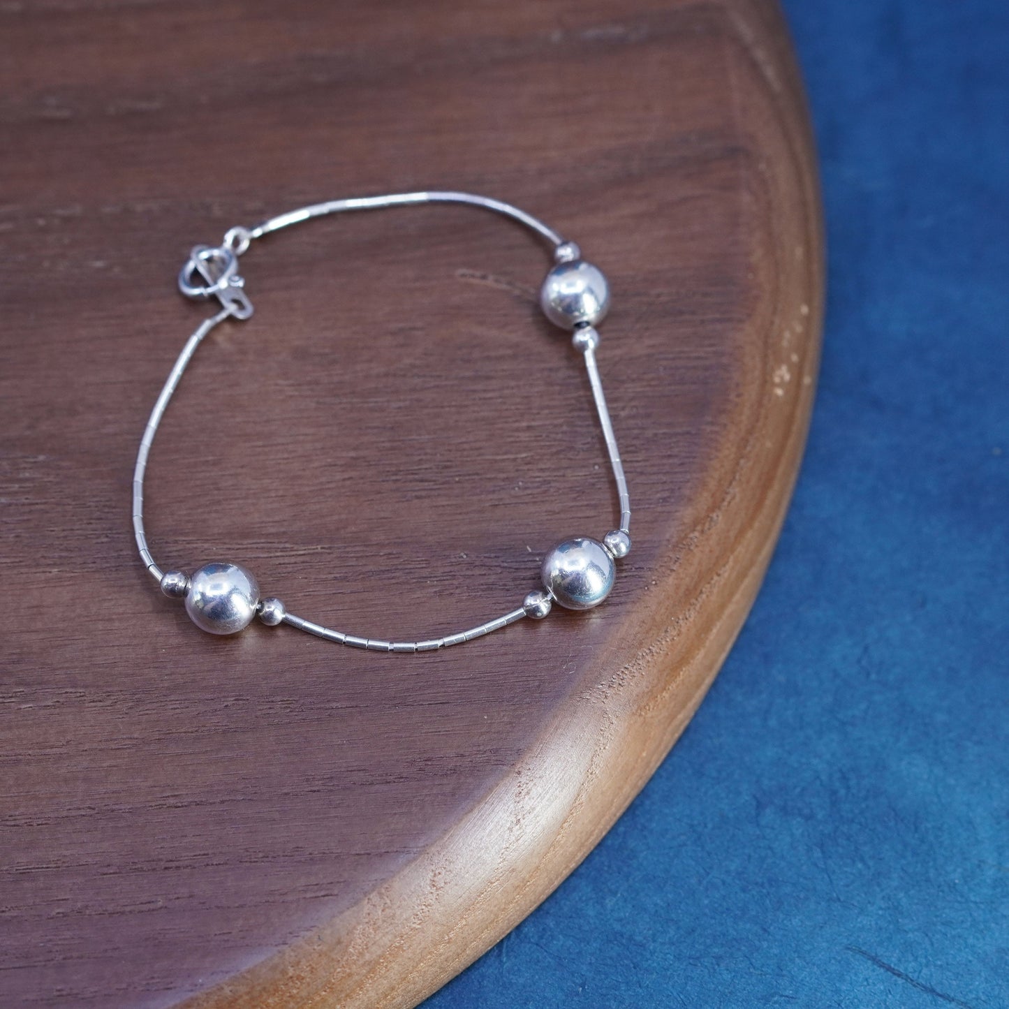 6.75”, vintage sterling handmade bracelet, 925 liquid silver chain with beads