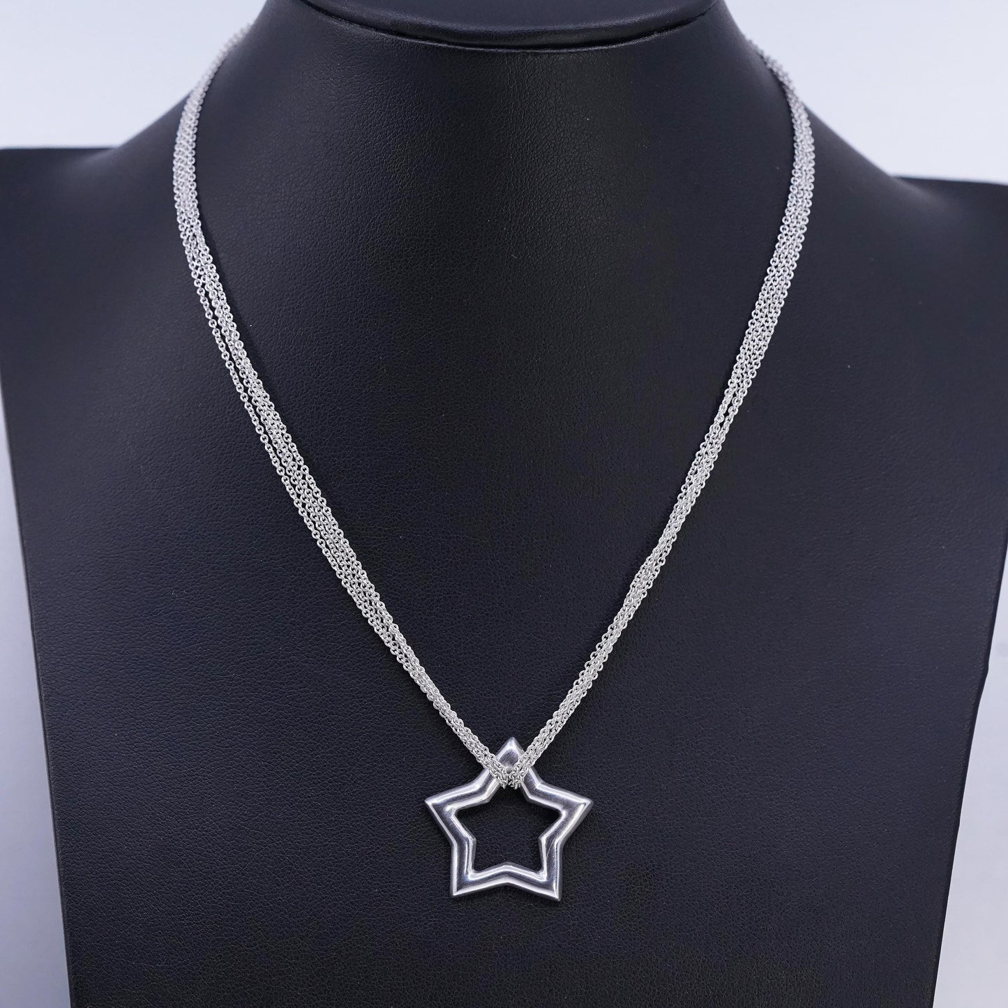 16", vintage Italian Sterling 925 silver multi strands circle chain necklace with star pendant