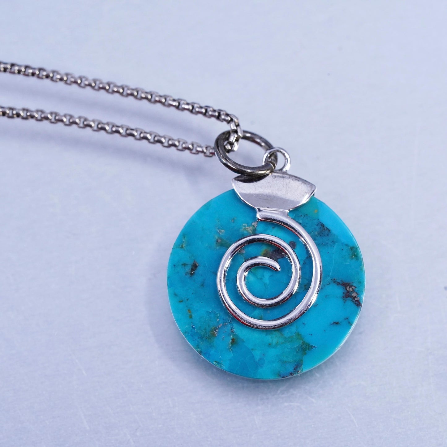 18", vintage Sterling 925 silver box necklace with turquoise circle pendant