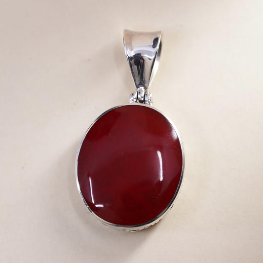 Vintage sterling silver handmade pendant, 925 oval coral