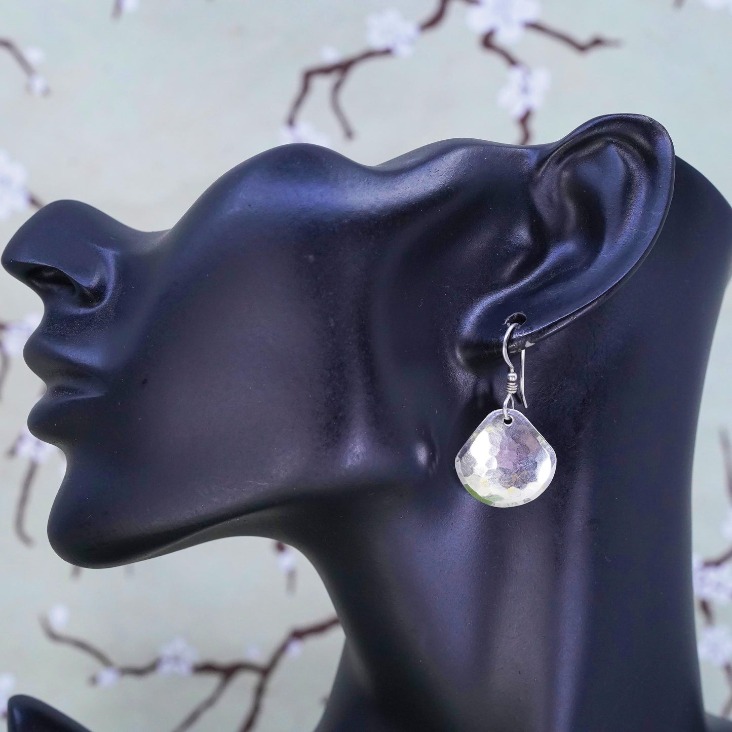 Vintage Sterling 925 Silver Hammered triangular disc Earrings