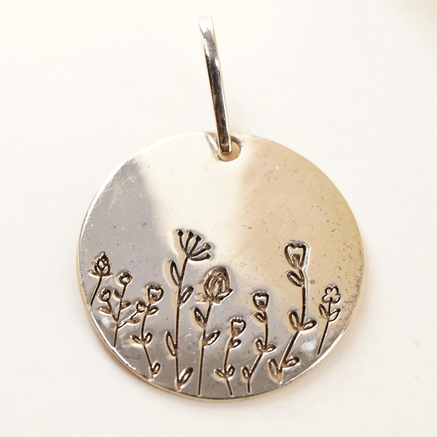 Vintage gold plated Sterling silver pendant, 925 tag charm embossed wildflowers