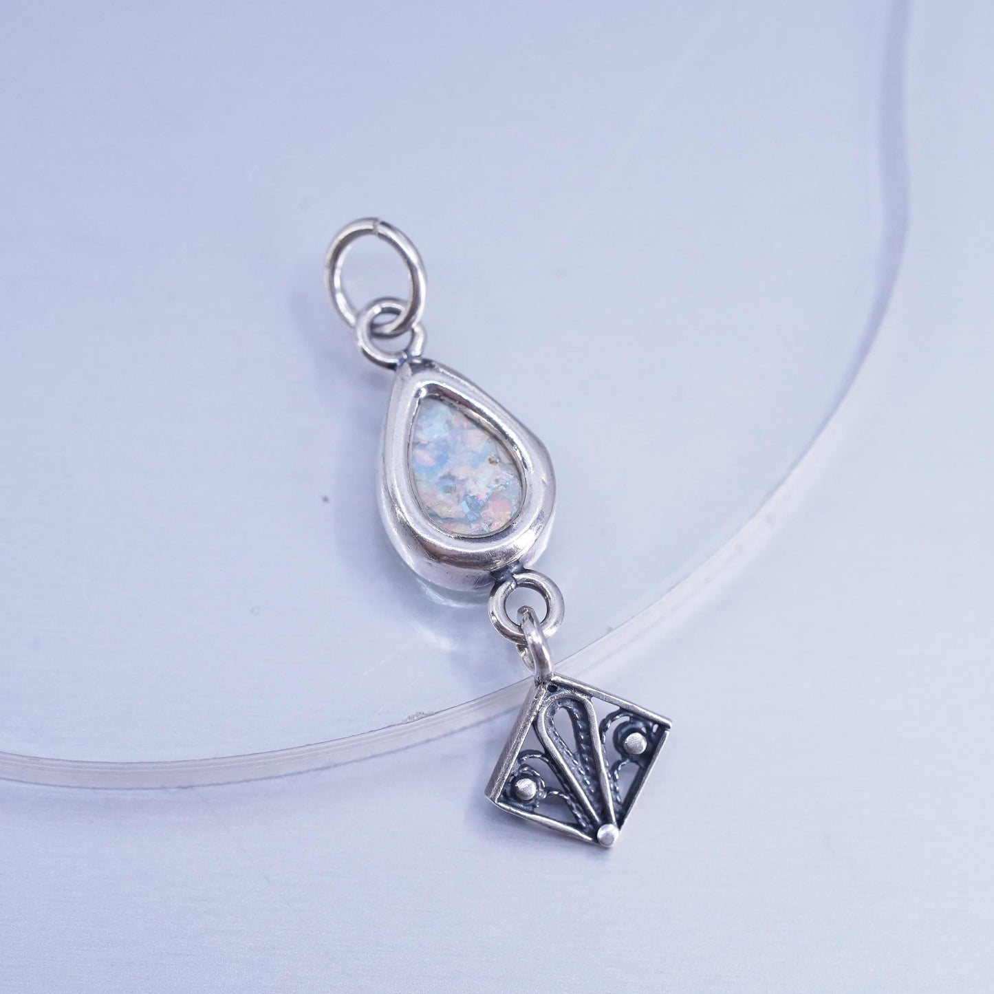 Vintage sterling 925 silver filigree teardrop pendant with dragon breath glass