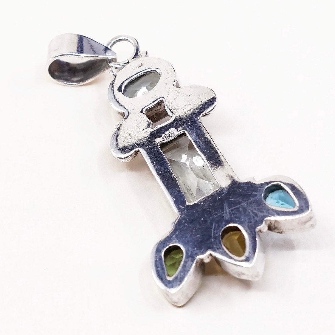 VTG Sterling silver handmade pendant, 925 w/ cushion cut colorful crystal