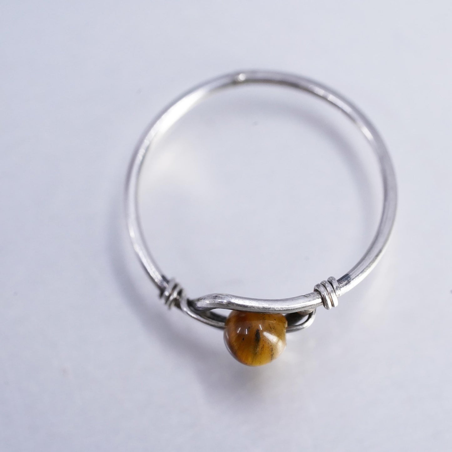 Size 4.5, vintage Sterling 925 silver handmade ring, wired band with Tiger eye