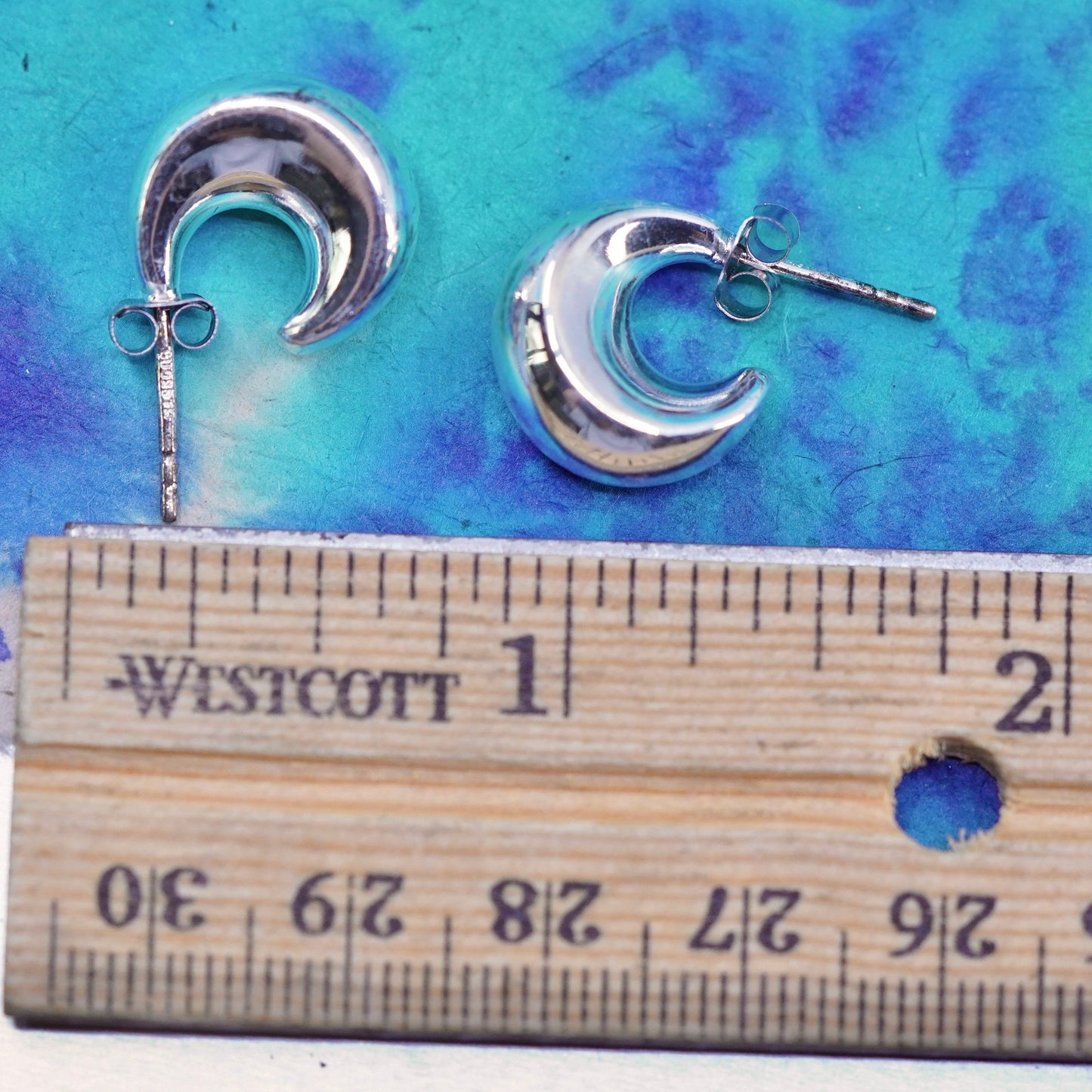 0.5”, Vintage Sterling silver handmade earrings, moon shaped 925 Huggie studs
