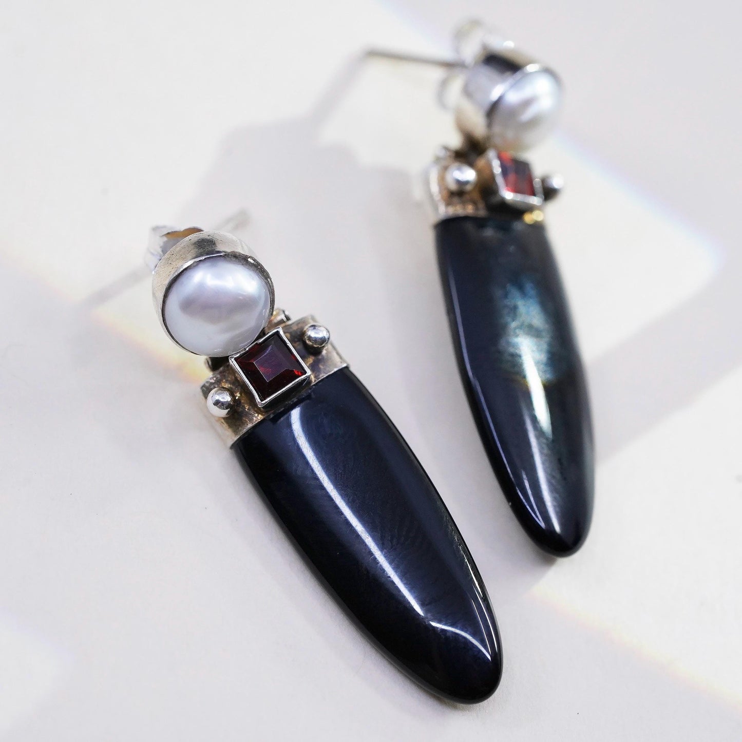 Vintage SIS handmade Sterling 925 silver earrings with onyx garnet and pearl