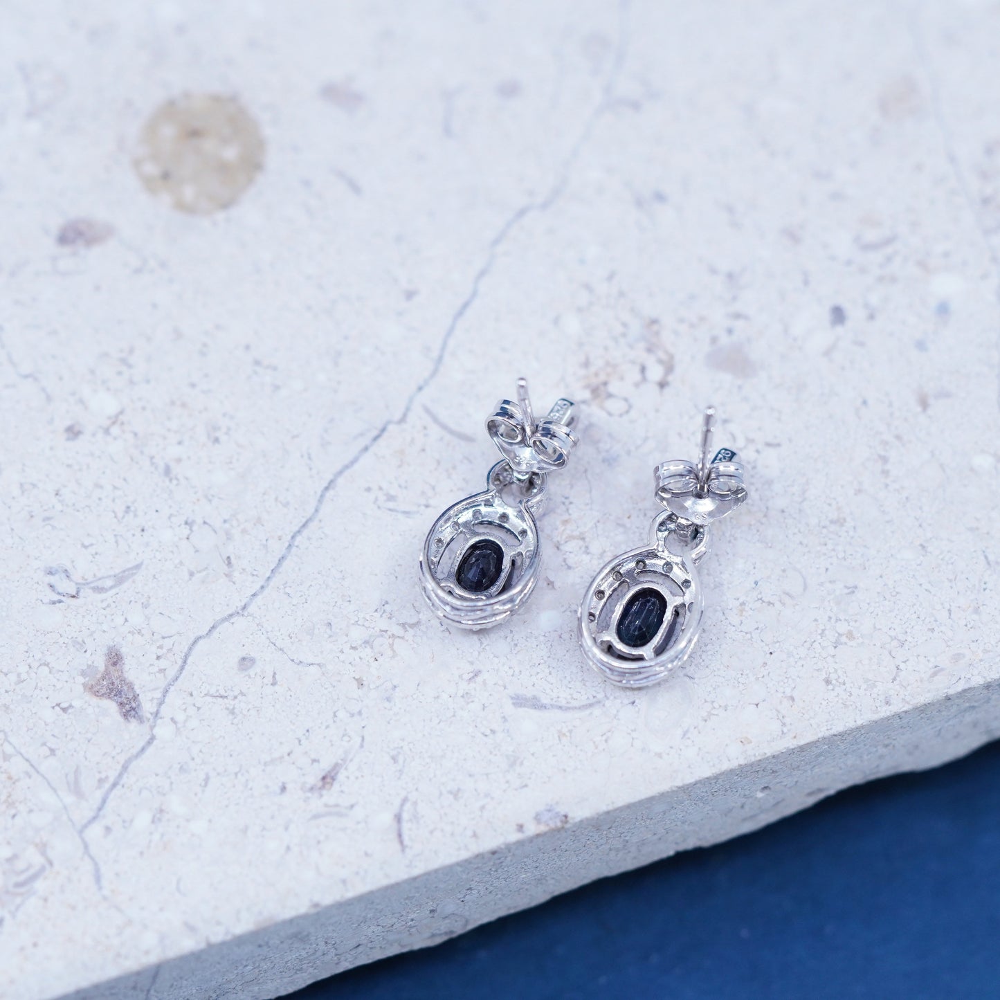 Vintage Sterling silver earrings, 925 oval drops with sapphire and diamond