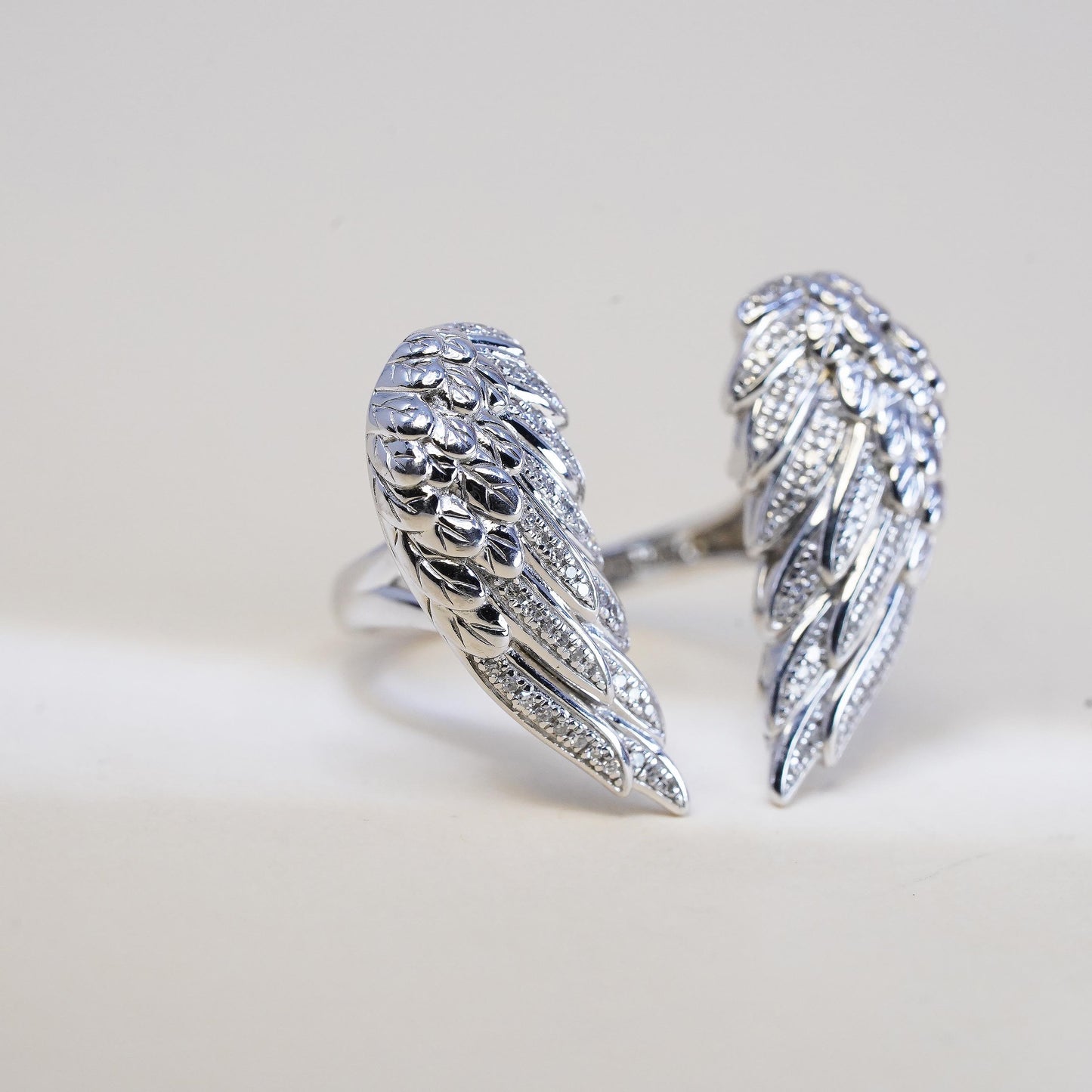Size adjustable VTG EA sterling 925 silver angel wings ring cluster diamonds