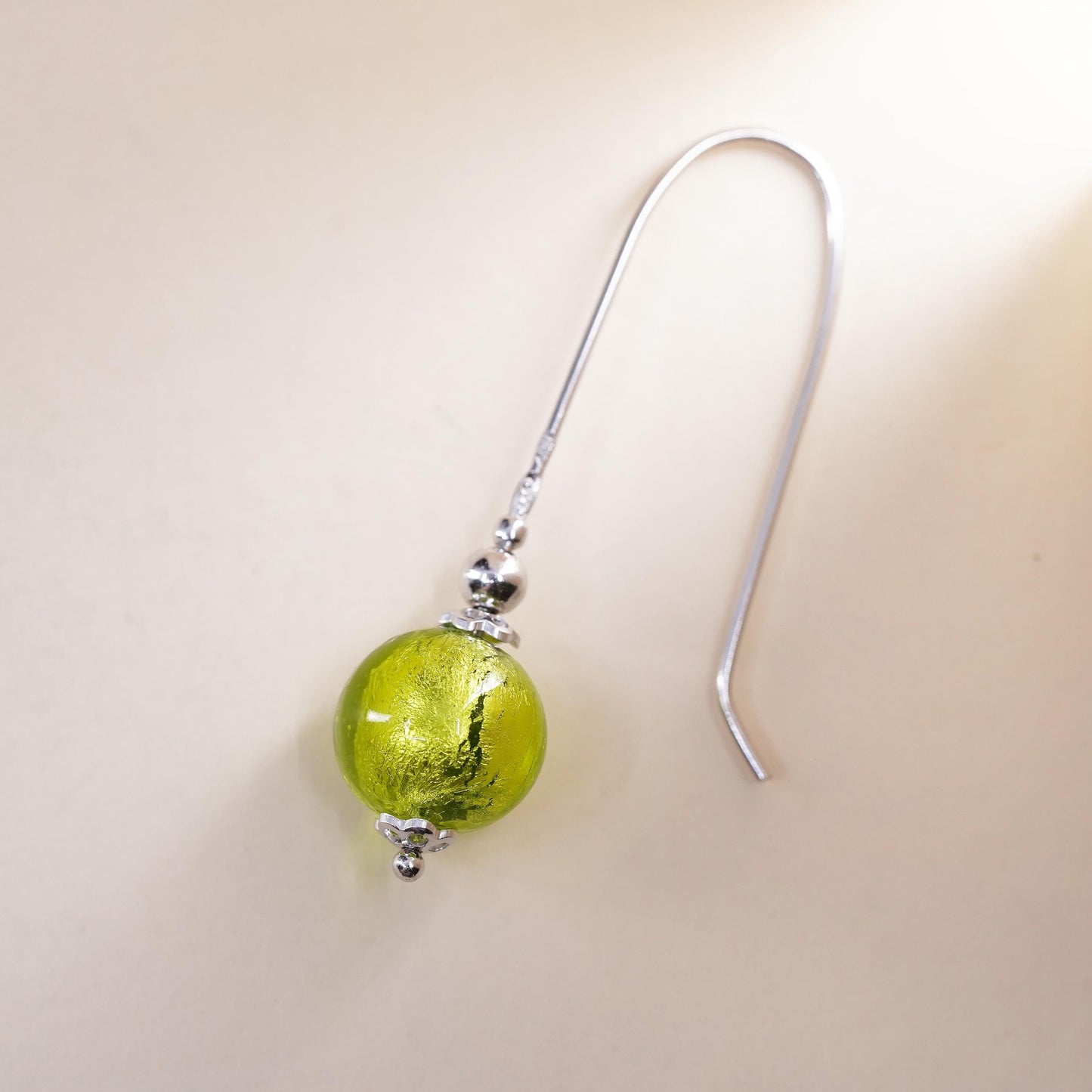 Vintage sterling 925 silver handmade single earring with green glass bead