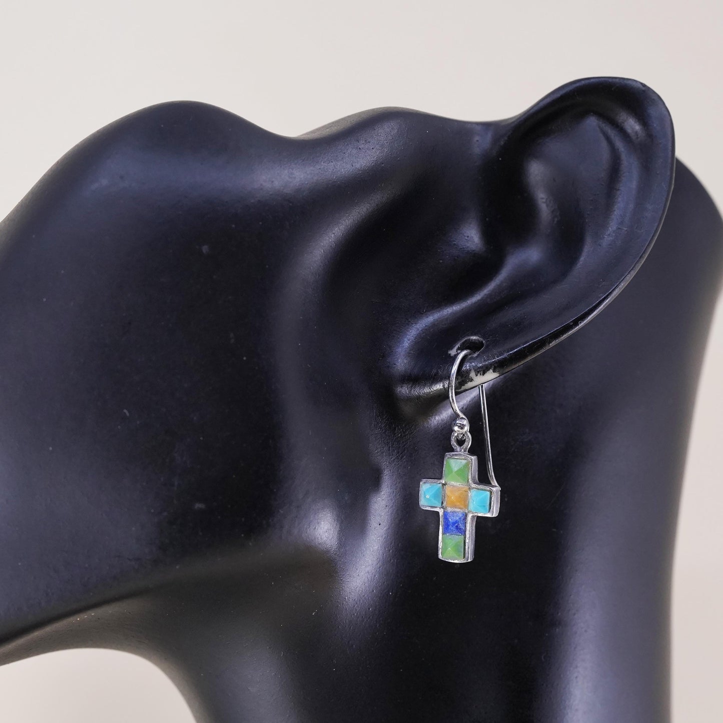 Native American Sterling 925 silver handmade earrings, cross coral turquoise
