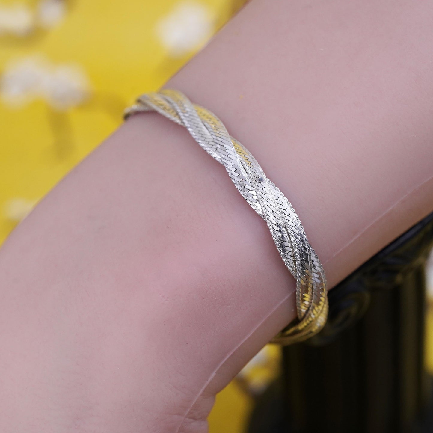 6.75", vtg Sterling silver braided woven herringbone bracelet, Italy 925 chain