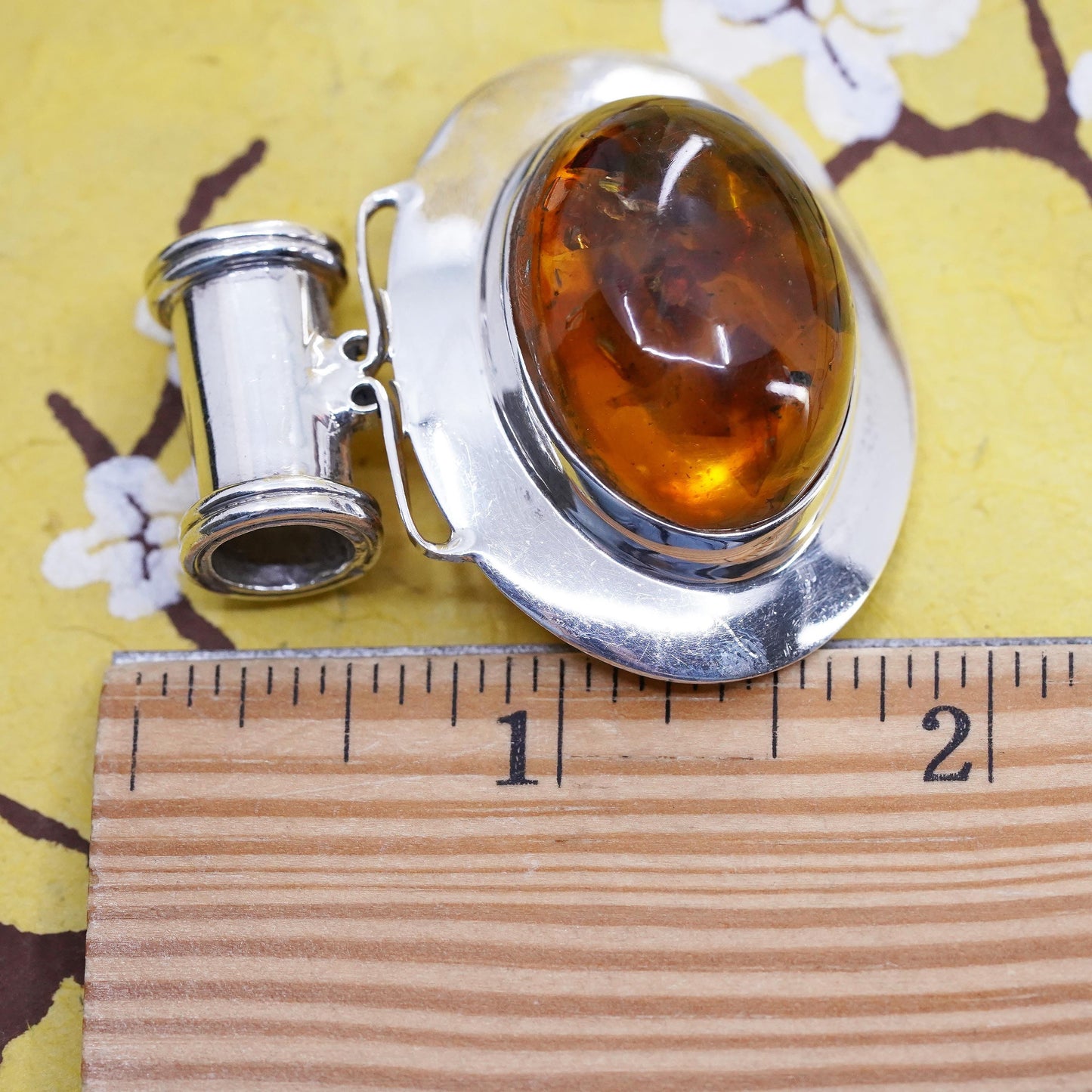 Vintage modern Sterling 925 silver handmade huge slide pendant amber pendant