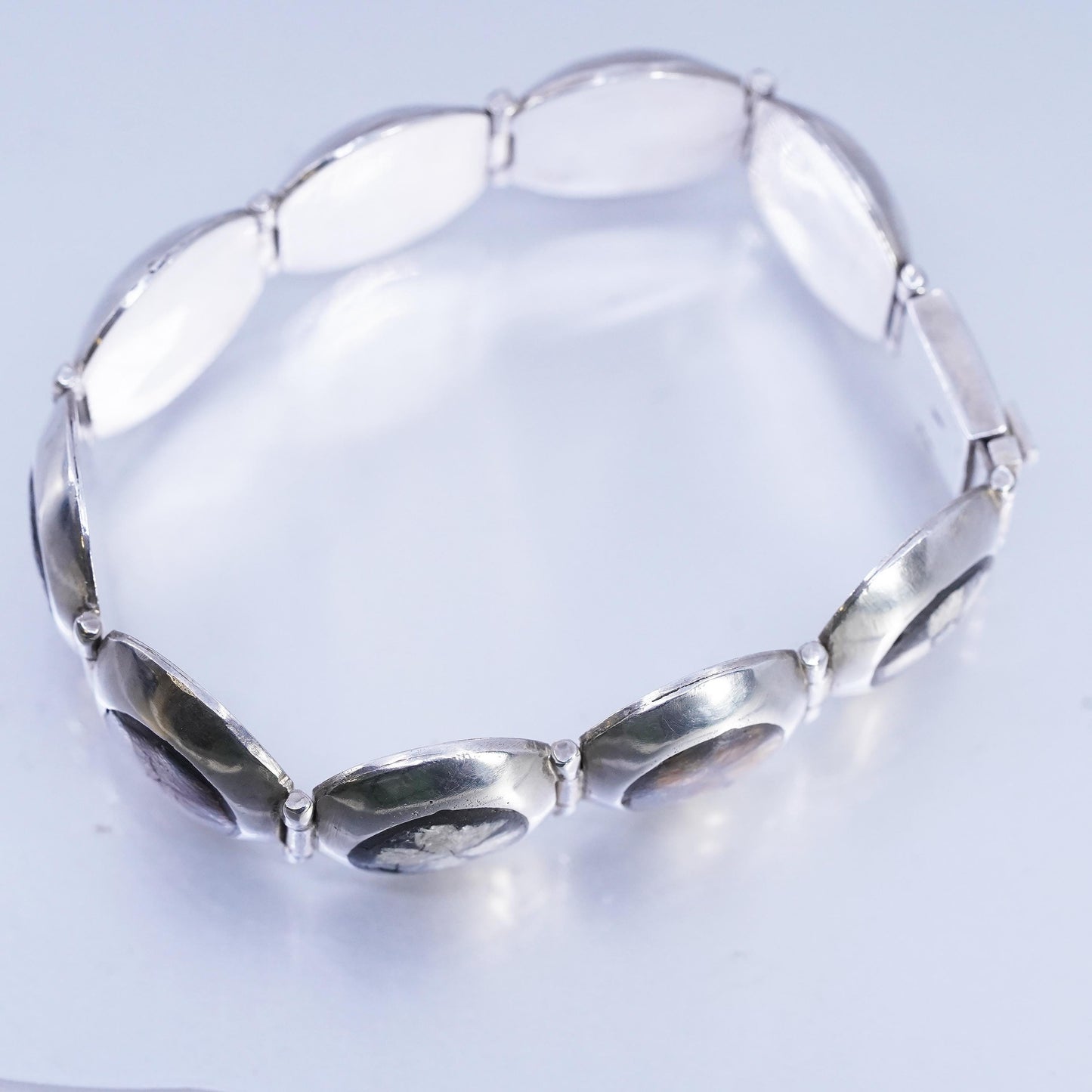 6.5”, VTG southwestern Sterling 950 Silver Chrysanthemum Stone Panel Bracelet