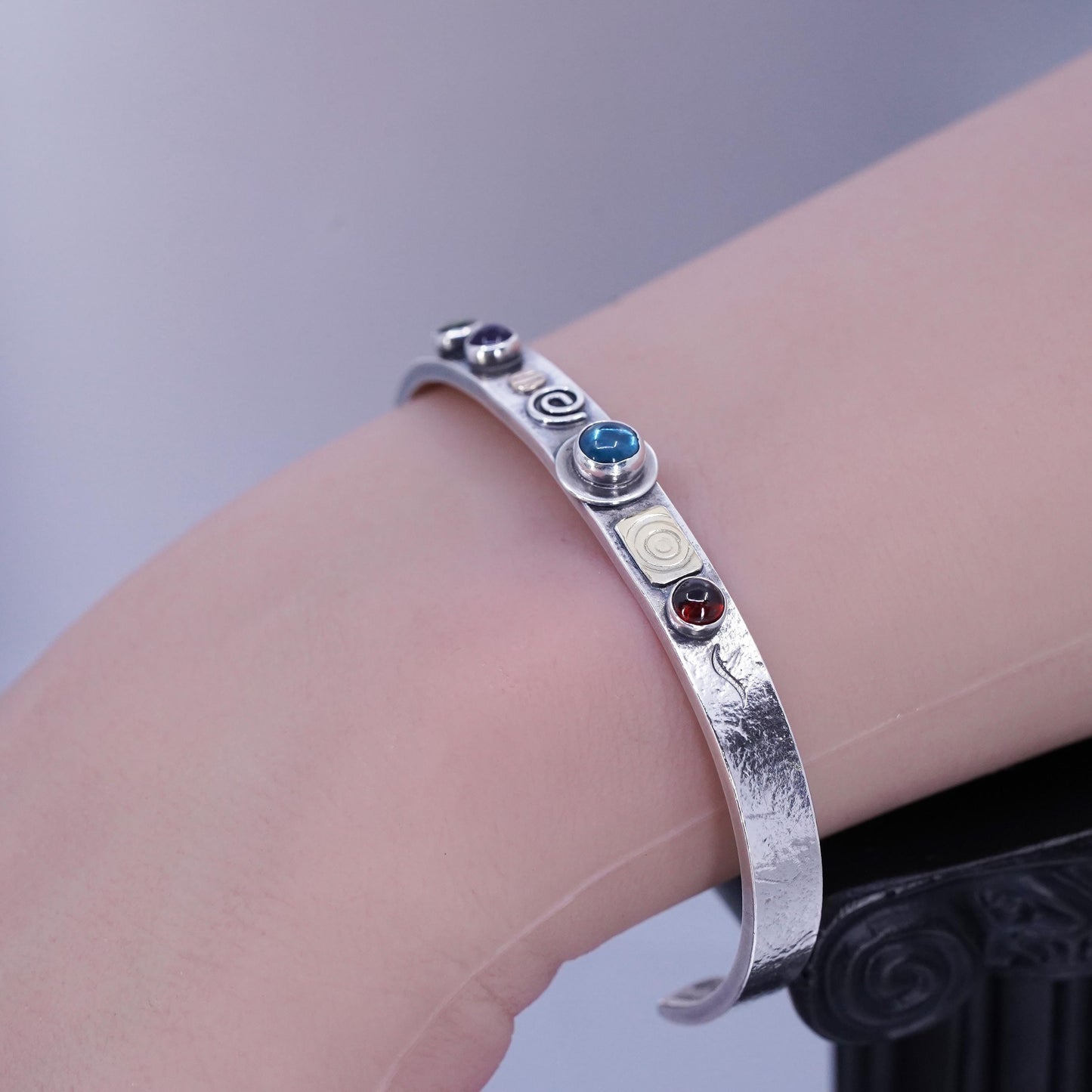 6.5”, Lucinda Moran Sterling Sterling 925 Gold Protect Gemstone Cuff Bracelet