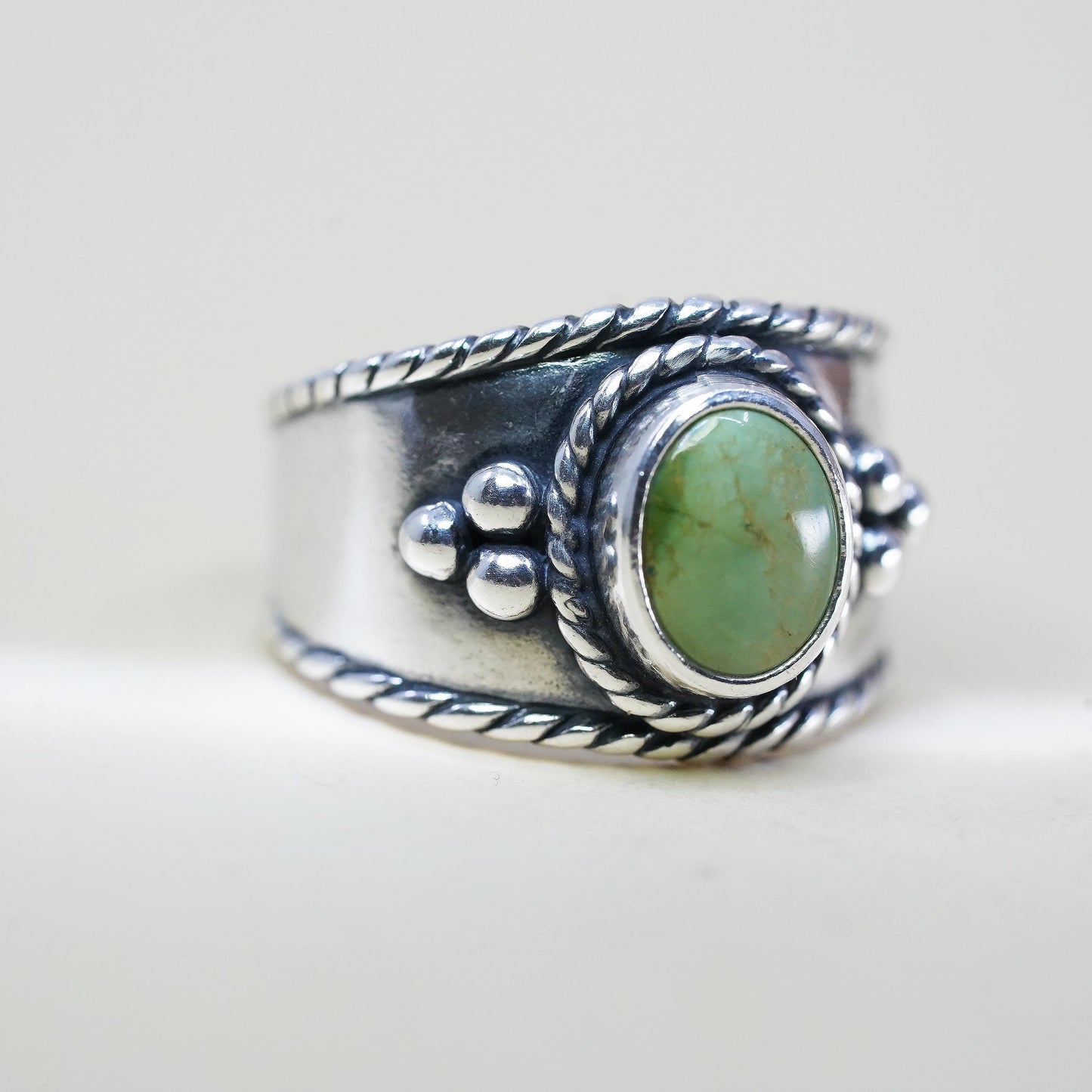 Size 8, Vintage 925 Sterling Silver Green Turquoise Ring, Southwestern Navajo