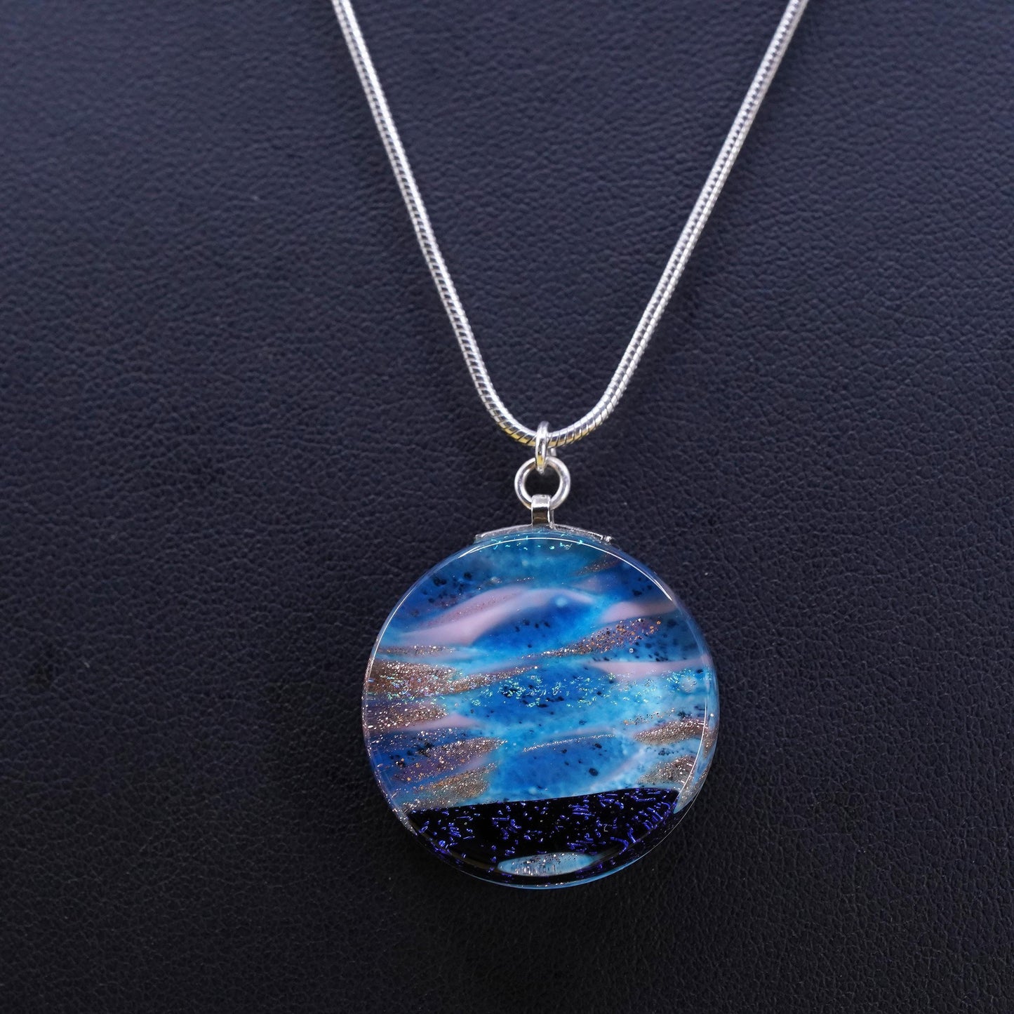 18", Sterling silver necklace, Italy 925 snake chain blue glass heart pendant