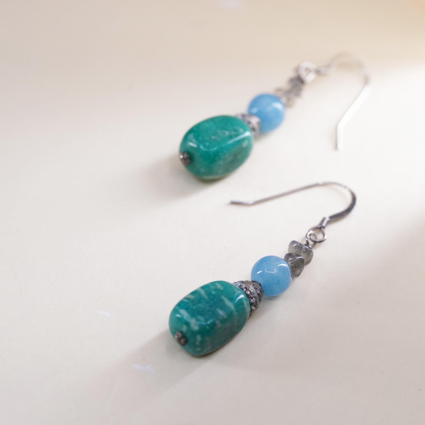 Southwestern sterling silver 925 handmade earrings w/ jade nugget larimar beads