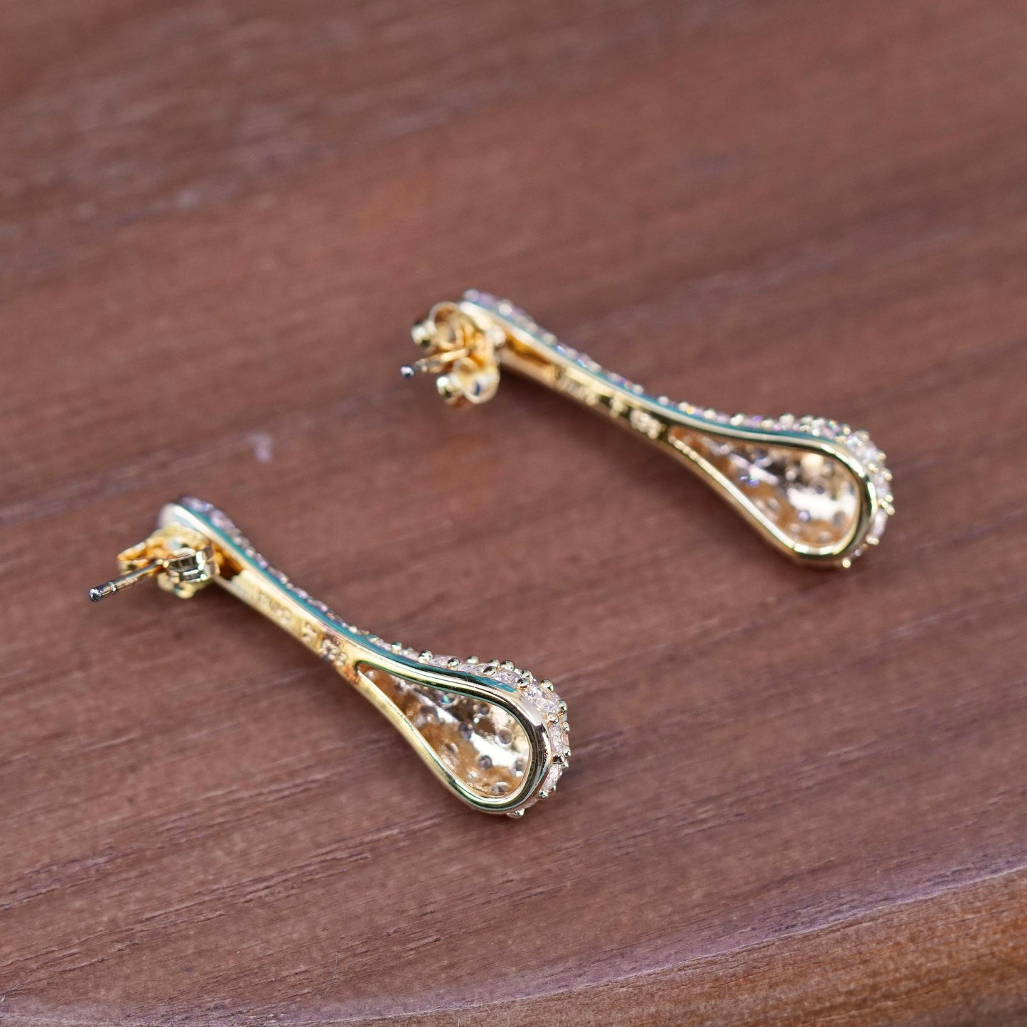 Vermeil gold over sterling silver earrings, 925 teardrop studs with cluster cz