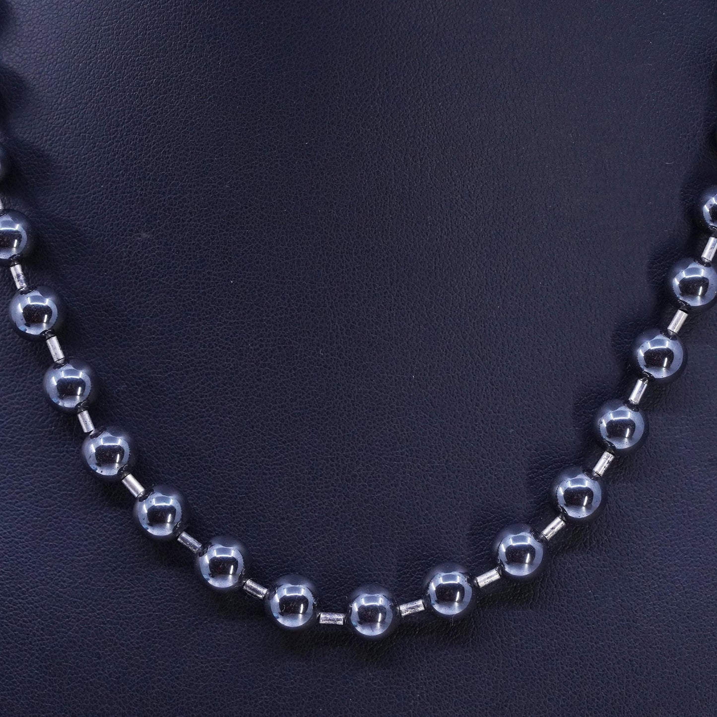 17" 7mm, Vintage Sterling 925 silver handmade necklace with hematite beads