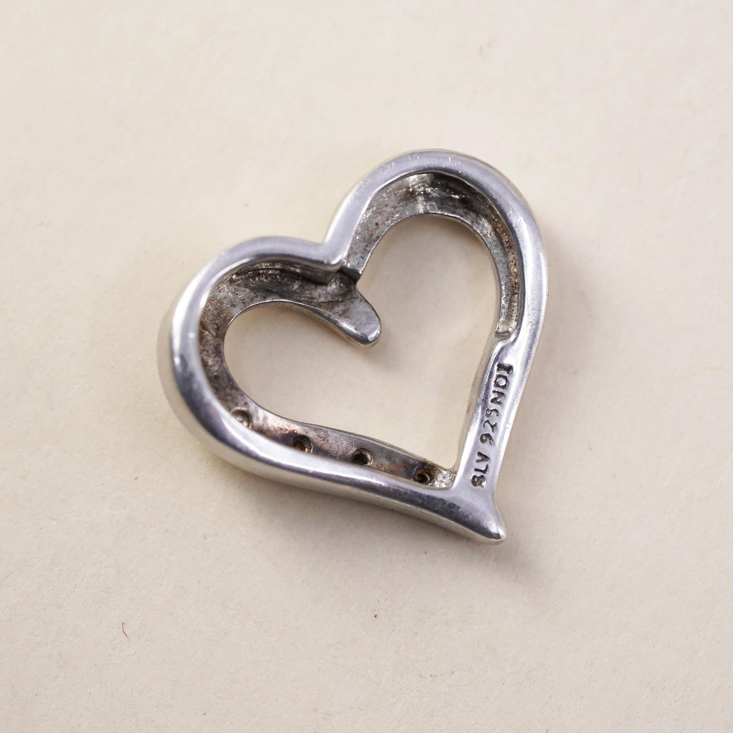 Vintage Sterling silver handmade pendant, 925 heart with diamonds