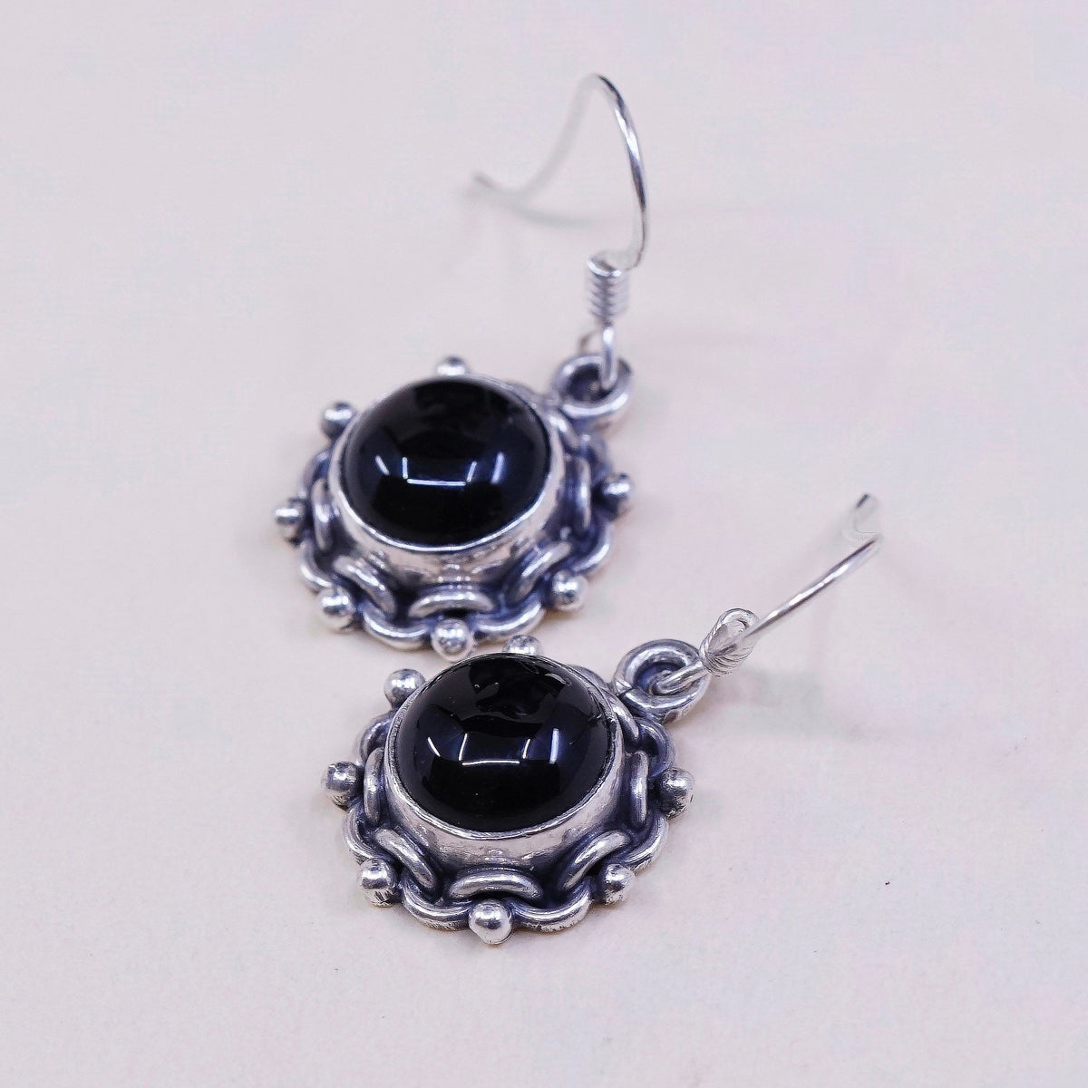 vtg Sterling silver handmade earrings, 925 drops w/ obsidian n beads