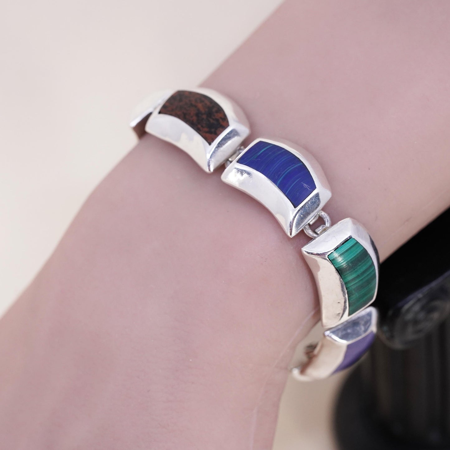 6.5", Vintage Mexican Sterling silver bracelet, 925 link with onyx malachite