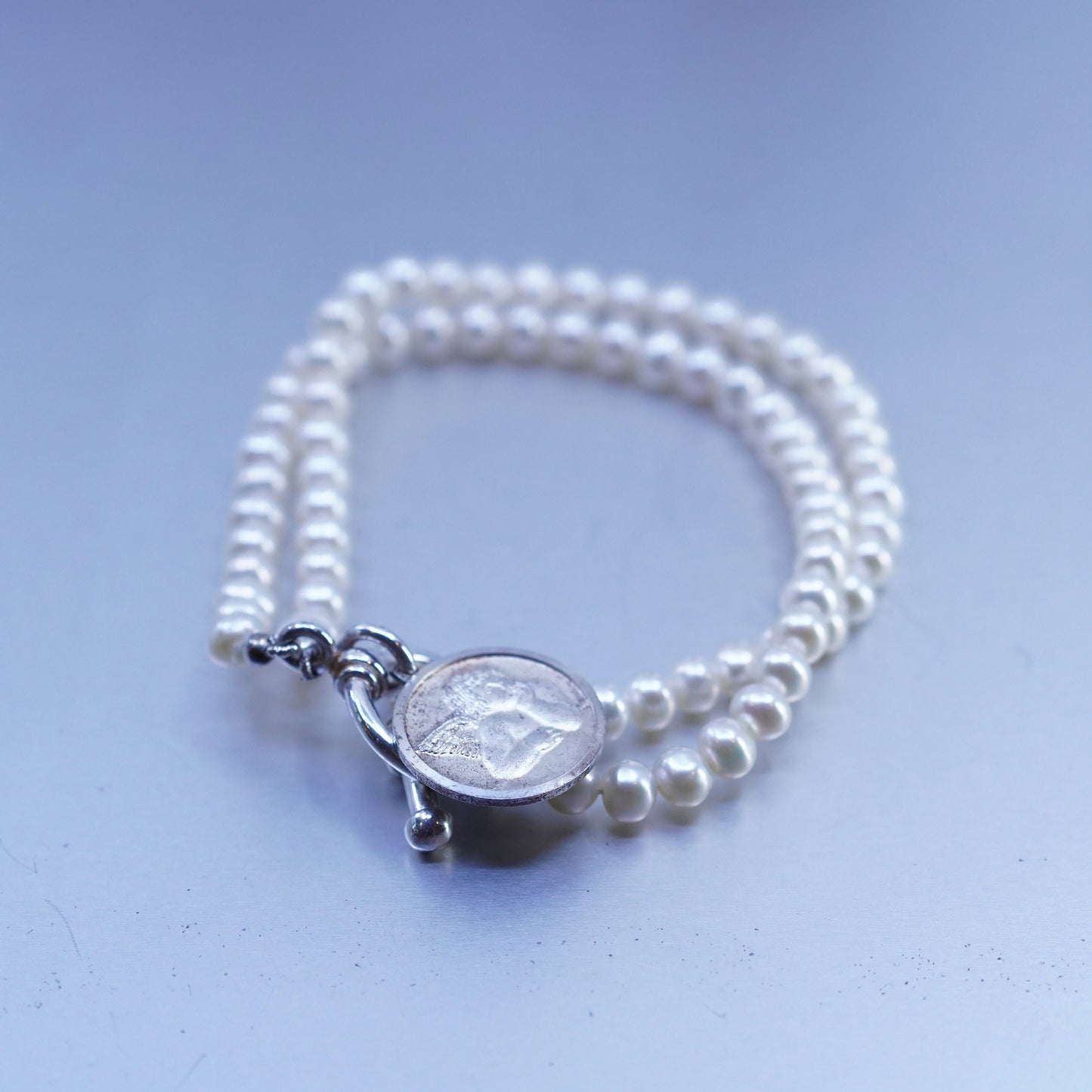 7.25”, RM Sterling 925 silver bracelet freshwater pearl beads and Angel tag