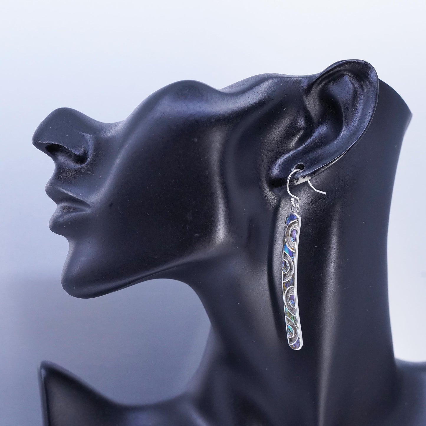 3” drop, Vintage Sterling 925 silver handmade long earrings with abalone inlay