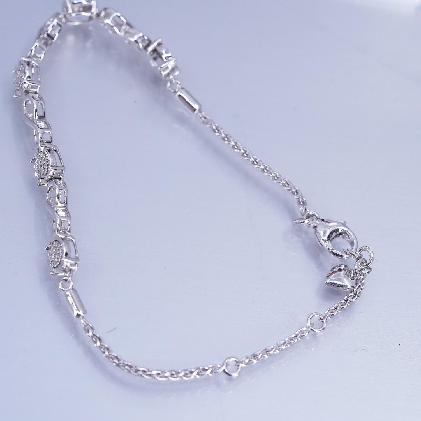 6.5+1”, vintage Sterling 925 silver bracelet, wheat chain with cluster diamonds