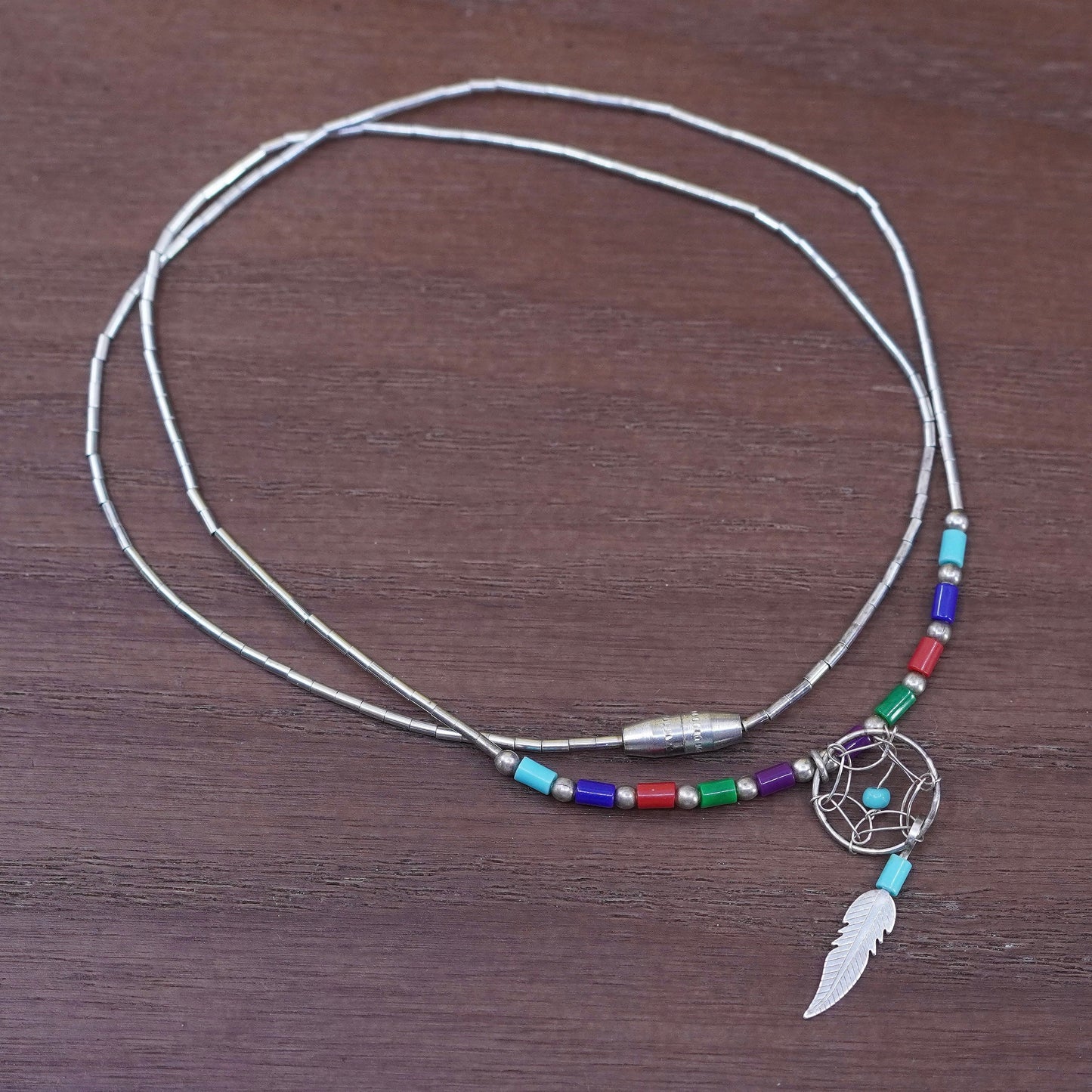 16”, Vintage Sterling 925 liquid silver necklace with turquoise feather pendant