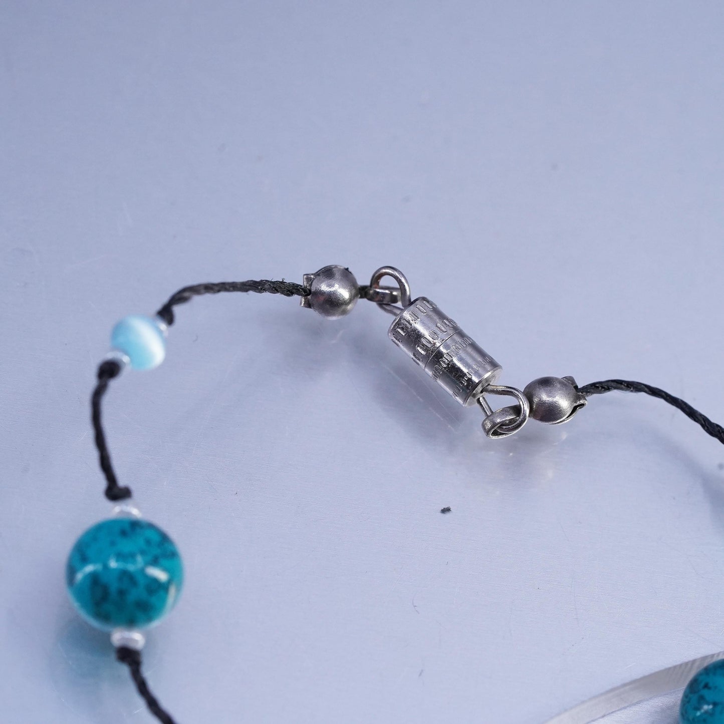 16" Vintage Sterling 925 silver necklace with turquoise blue cats eye and linen thread