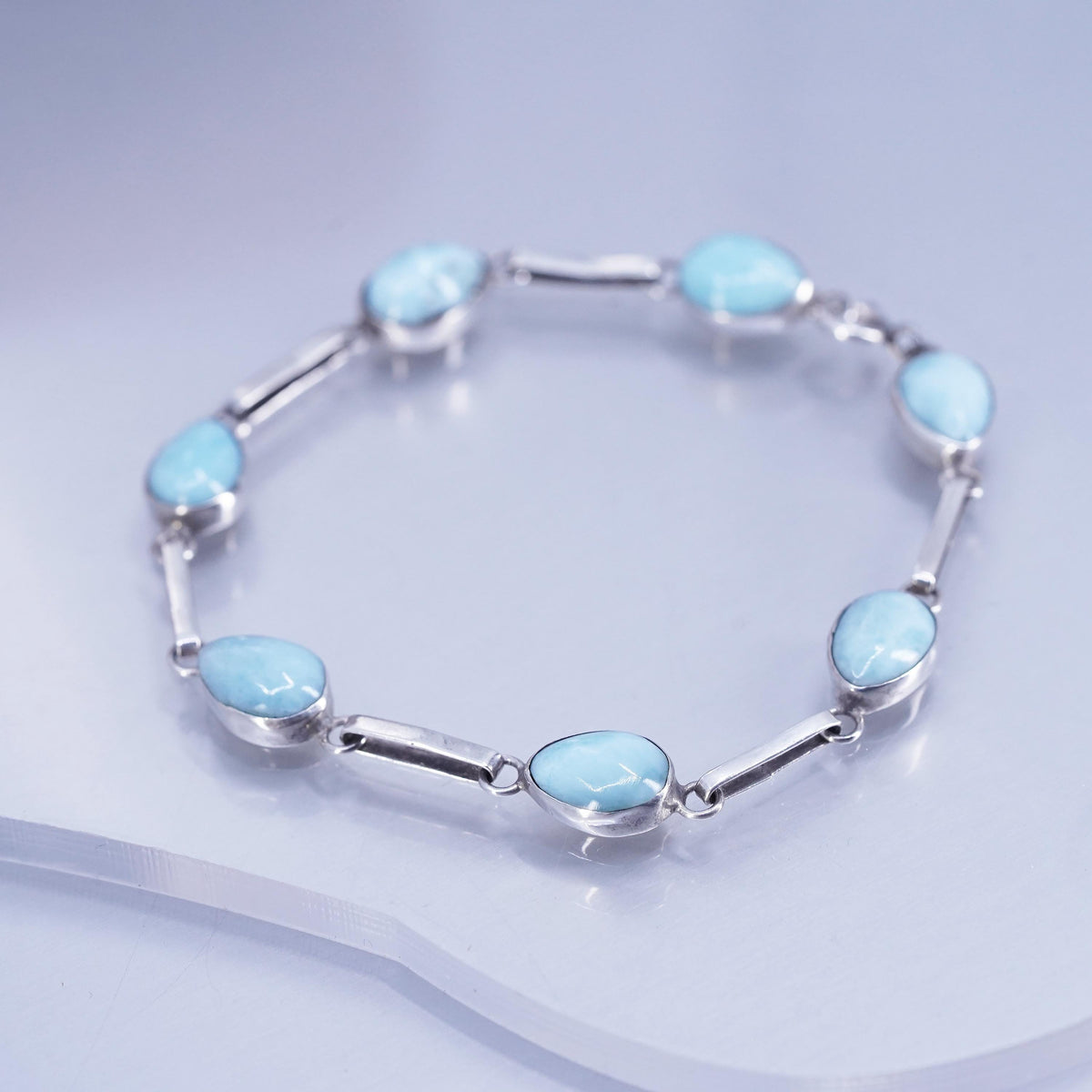 7”, Vintage sterling 925 silver handmade bracelet with teardrop larimar