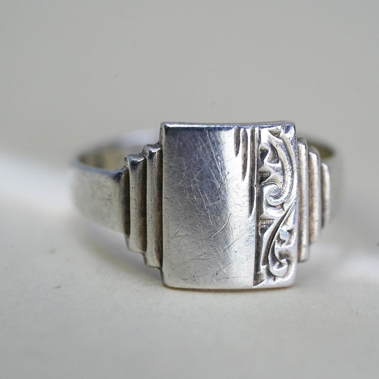 Size 9.5, Vintage Sterling Silver Signet Ring, Art Deco Engraved Ring, Unisex