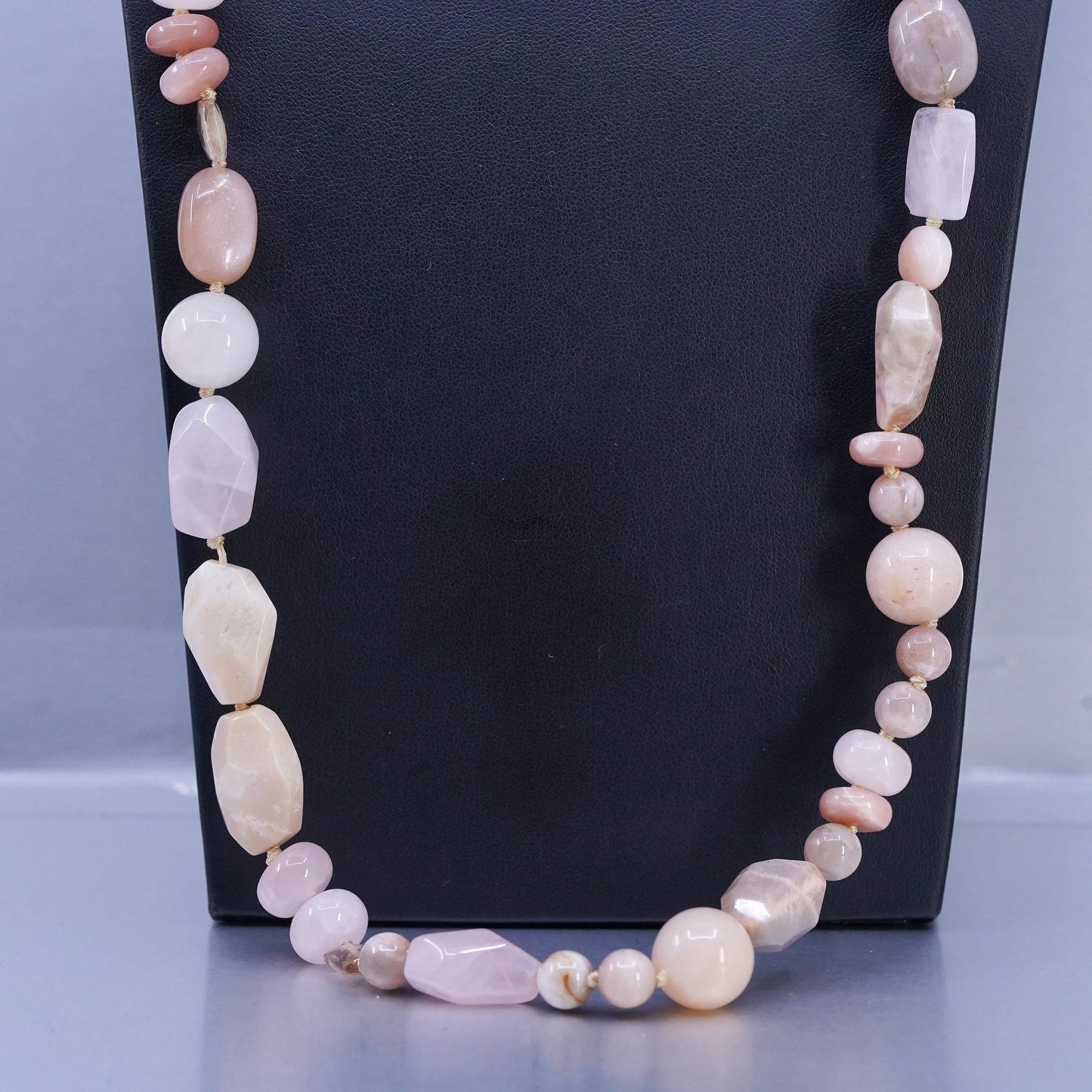 30", Pink Rose Quartz agate Beads necklace gold plated sterling 925 silver