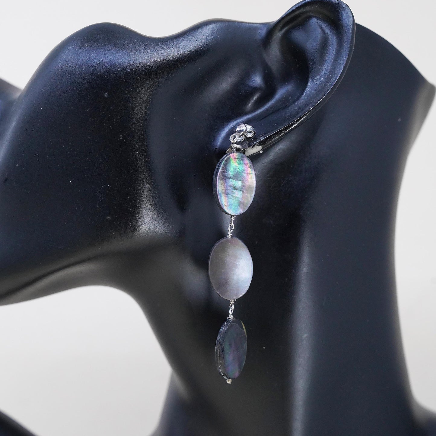 Vintage sterling 925 silver handmade long earrings with oval abalone dangles