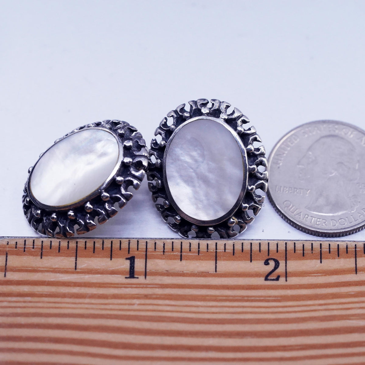 Vintage Sterling 925 silver earrings, oval beaded studs with mother of pearl