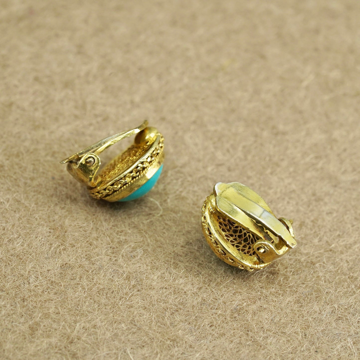 gold over Sterling 925 silver handmade earrings, oval clip on with turquoise