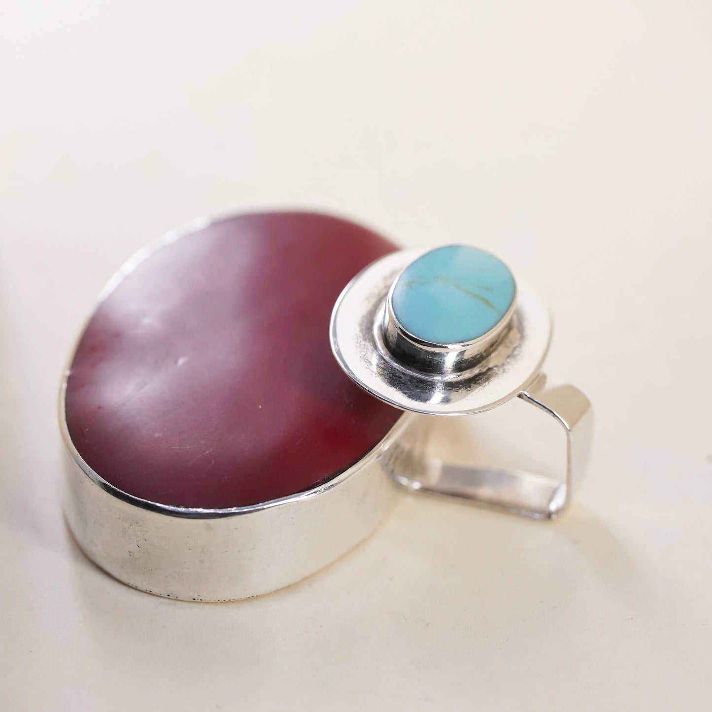 Vintage Mexican sterling silver pendant, double oval 925 onyx turquoise inlay
