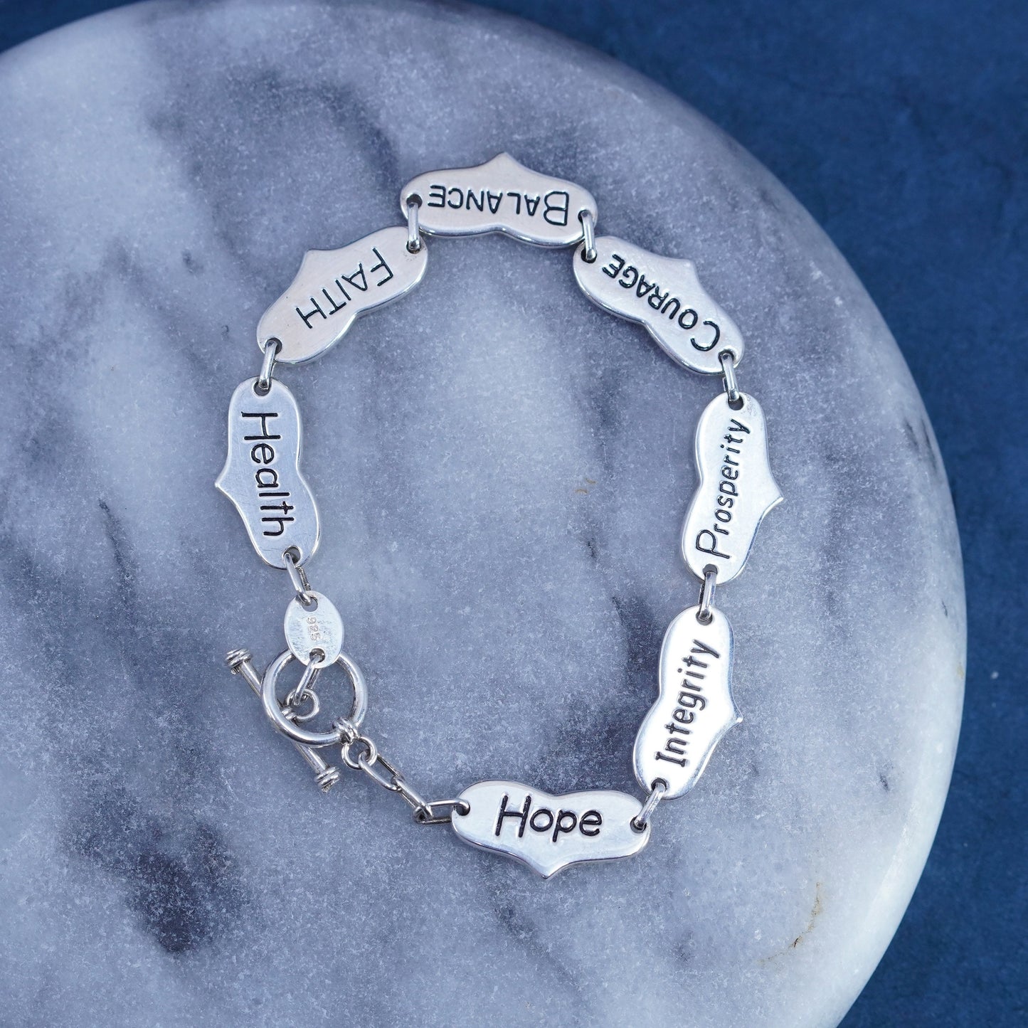 7.5”, Sterling silver bracelet, 925 heart chain embossed “love trust strength
