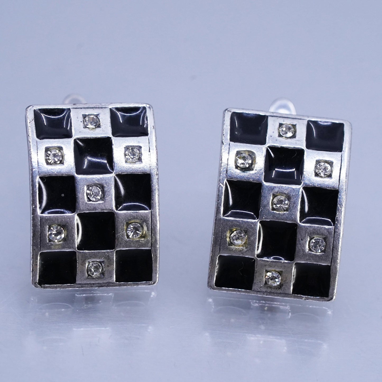 Vintage J JENAVI Designer Sterling 925 silver black enamel cz earrings, studs