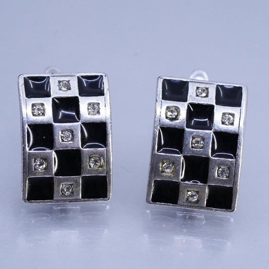 Vintage J JENAVI Designer Sterling 925 silver black enamel cz earrings, studs