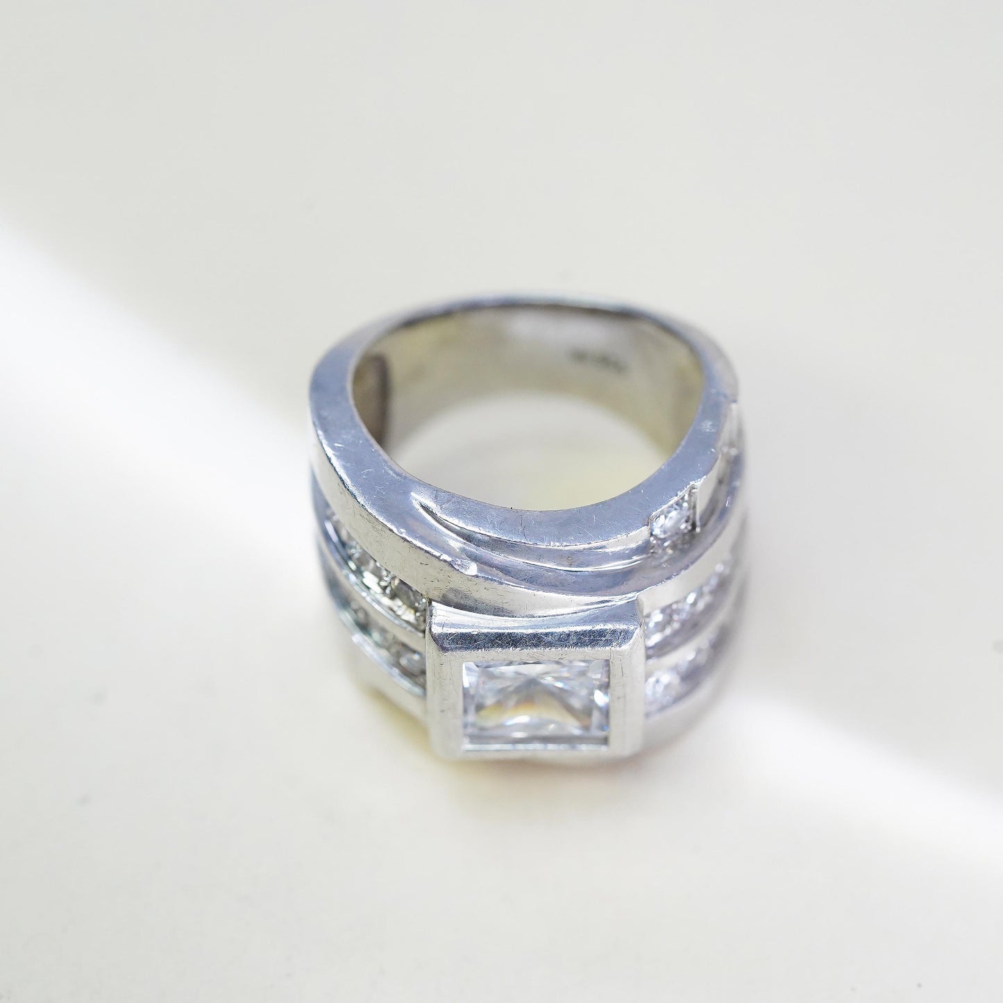 Size 7, Michael Valitutti “NH” 925 Sterling Silver CZ Ring, Wide Ribbed Ring