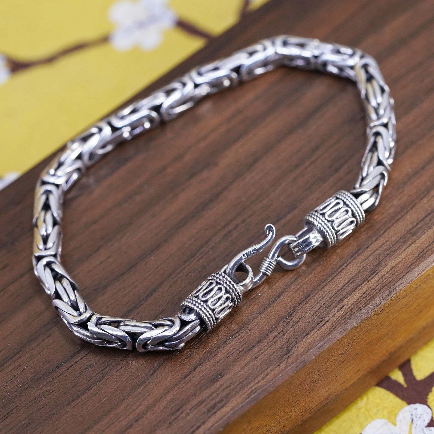 7.25”, vintage bold Sterling silver bracelet, 925 Byzantine, birdcage chain