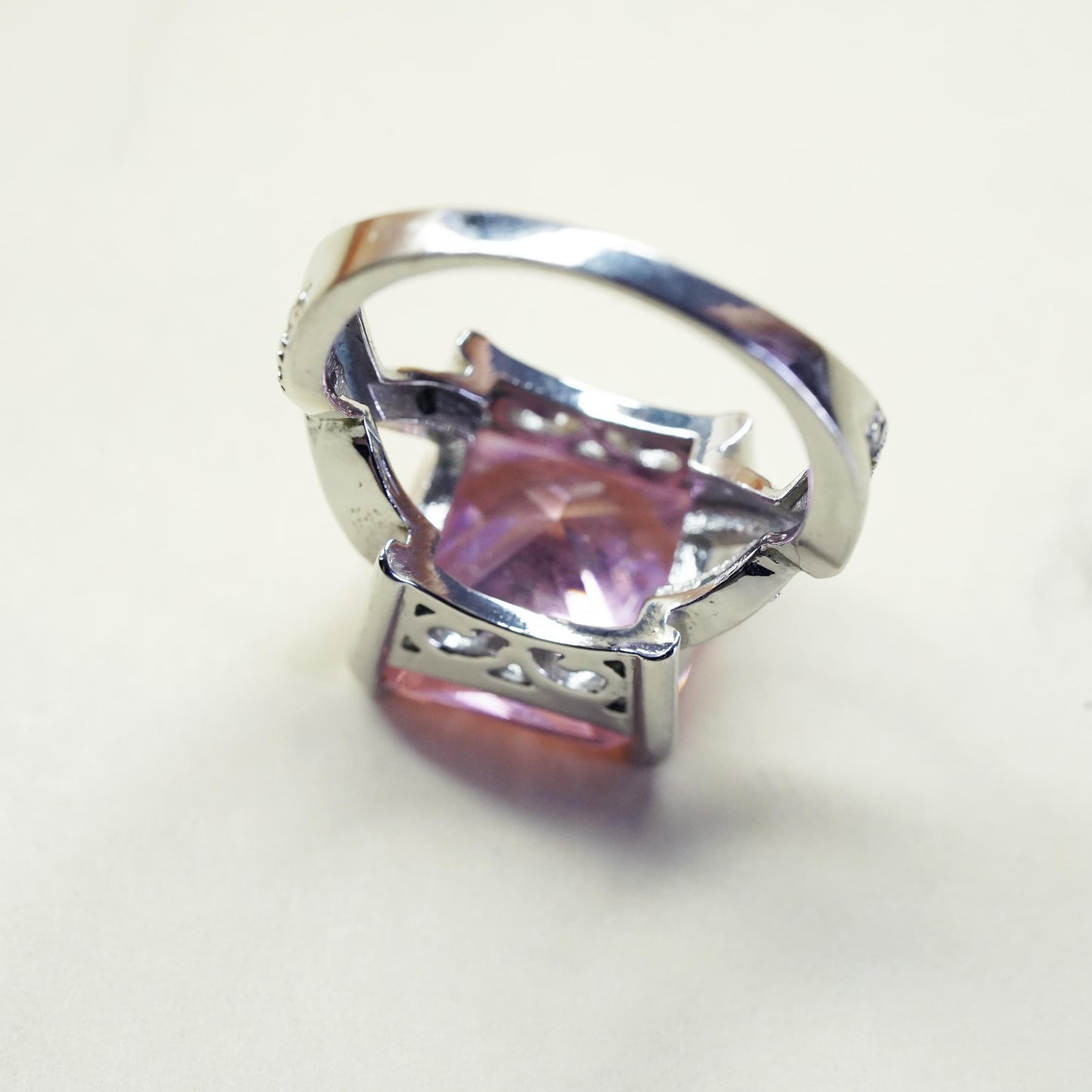 Size 8.25, Vintage Sterling 925 silver ring with square pink Quartz clear cz