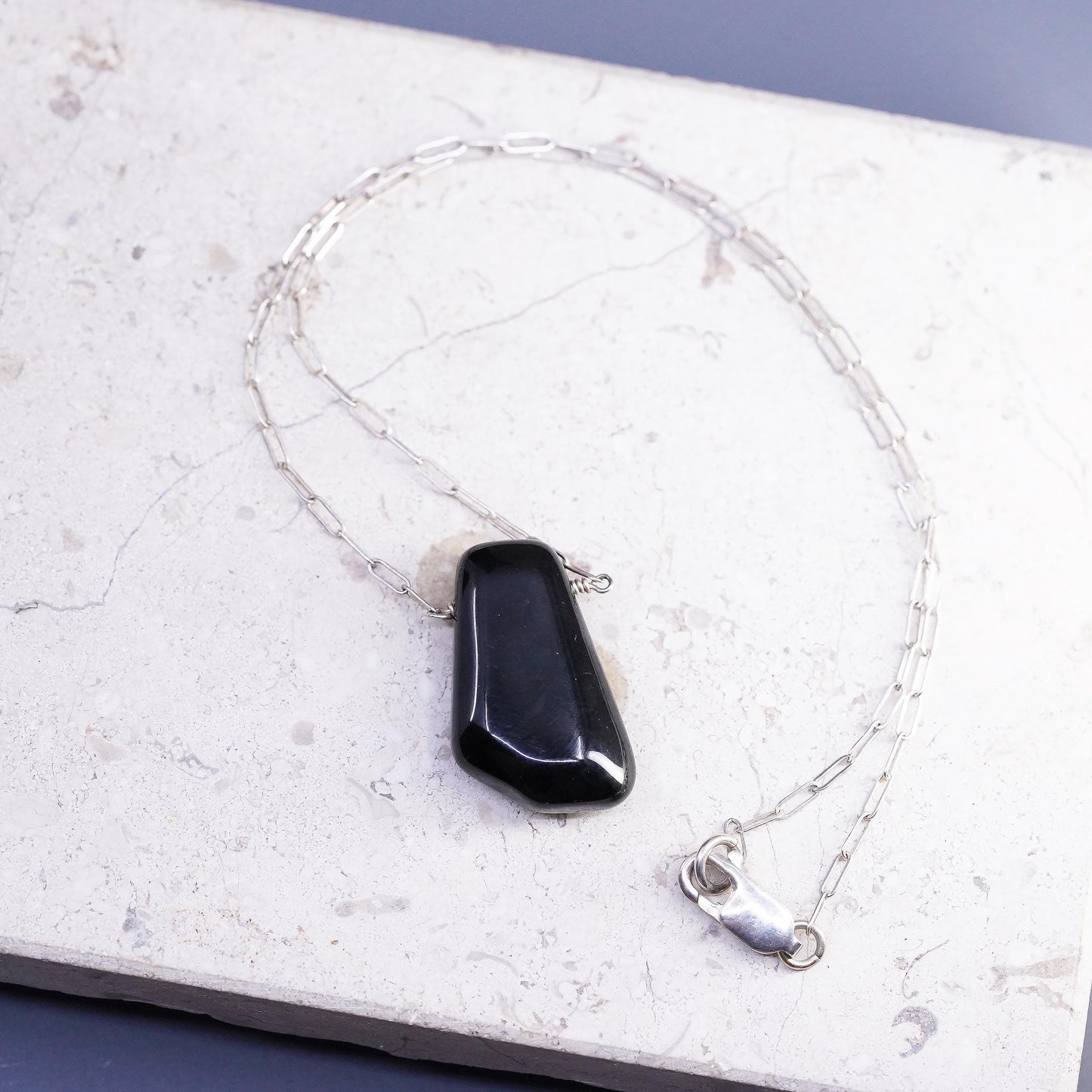 14" 2mm, vintage Sterling silver necklace, 925 elongated chain w/ onyx pendant