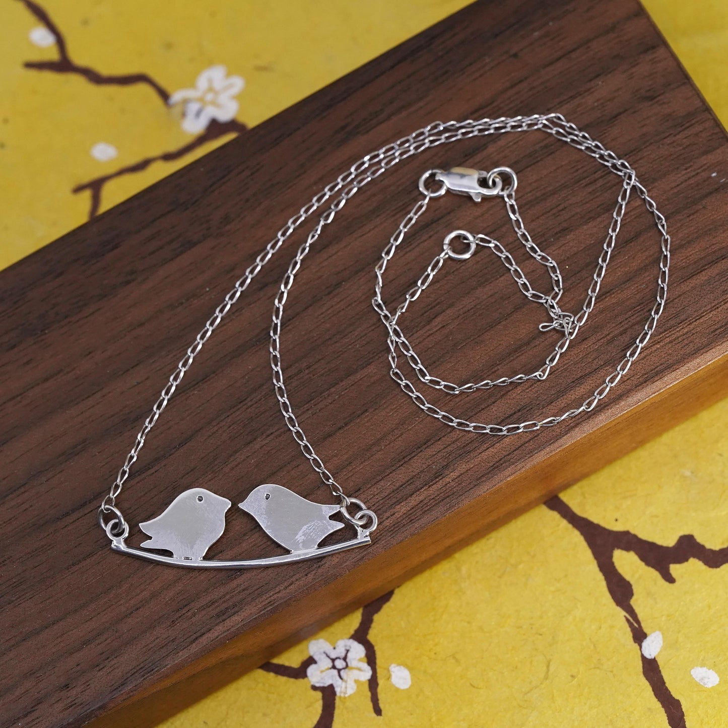 18+2” 1.6mm, vintage Sterling silver necklace, 925 curb chain love bird pendant